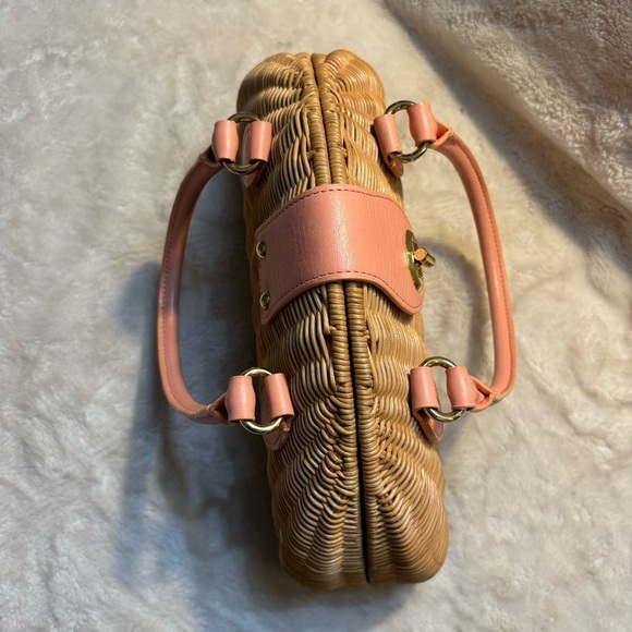 NEW Banana Republic Woven Bag Tan Rattan Pale Pink Leather Gold-tone Hardware - Picture 12 of 16